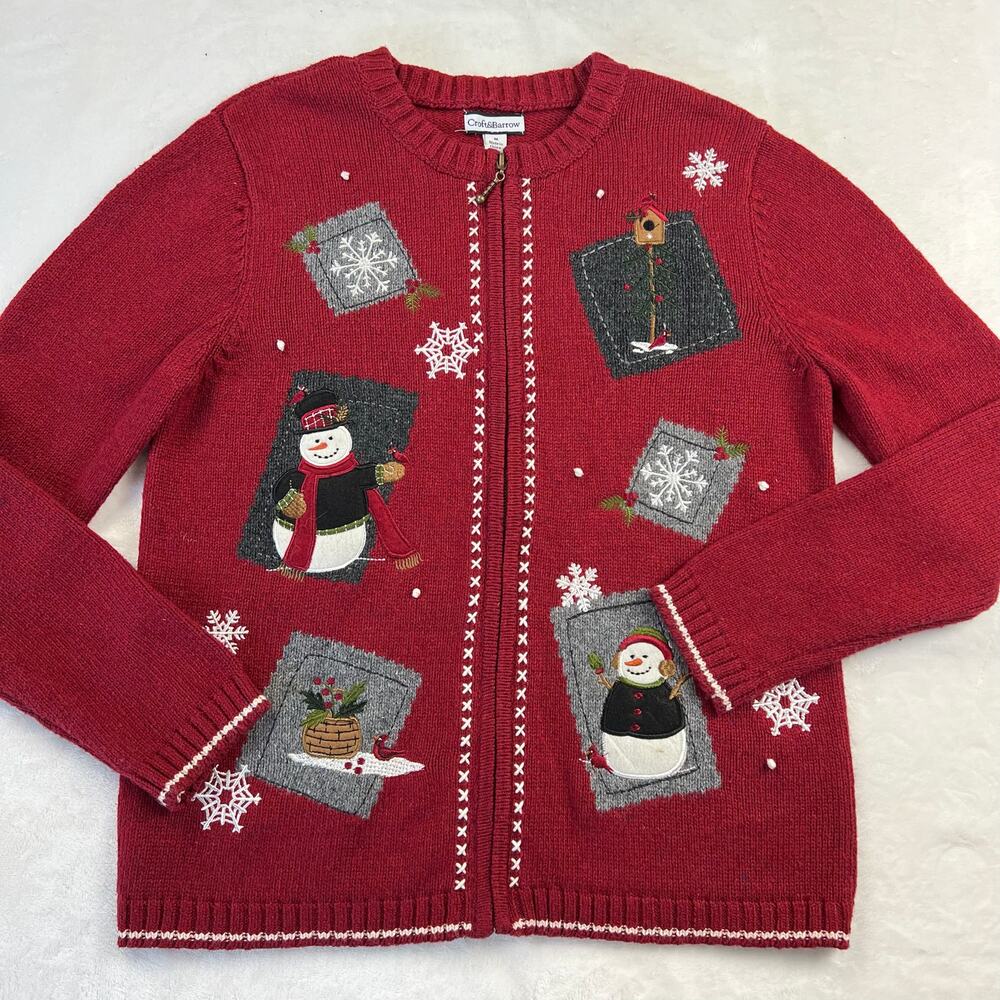 Croft & Barrow Red Snowman Zip up Sweater women's size Medium Holiday